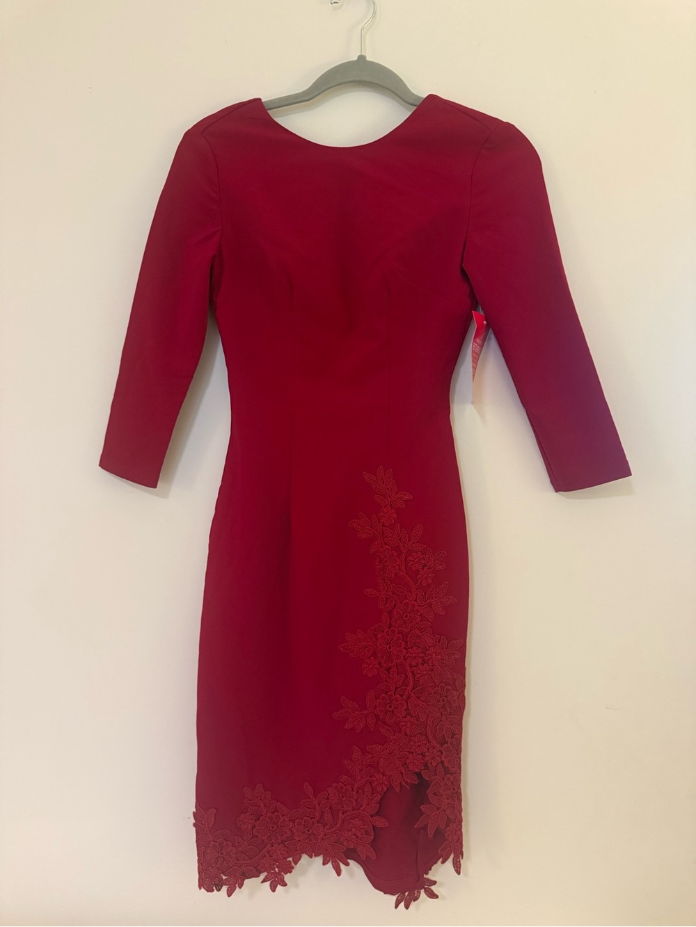 Little Mistress Crimson Midi Dress with Lace Appliqué